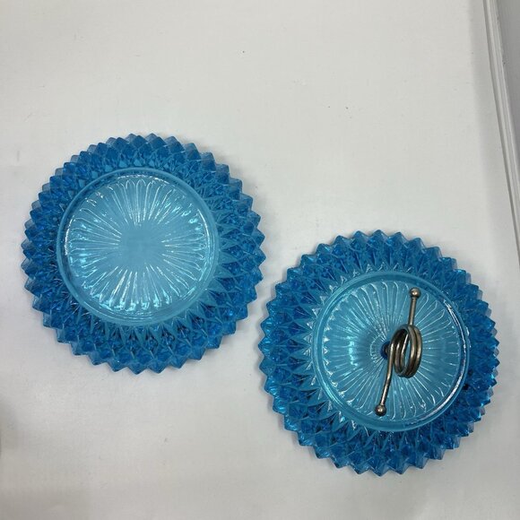 Indiana Glass Diamond Point Aqua Glass Powder Candy Dish With Lid Metal Handle - Picture 7 of 14